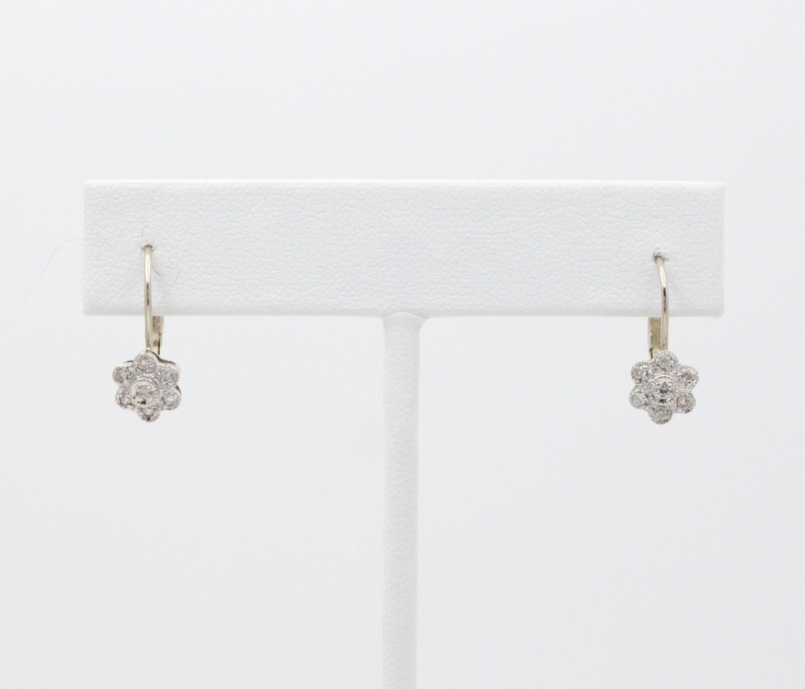Sweet 14K White Gold Floral Round Cut Diamond Earrings