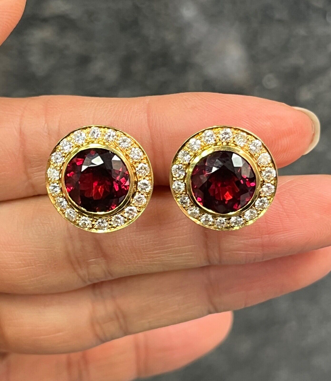 Vintage Rhodolite Garnet & Diamond Halo 18K Yellow Gold Earrings