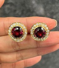 Load image into Gallery viewer, Vintage Rhodolite Garnet &amp; Diamond Halo 18K Yellow Gold Earrings
