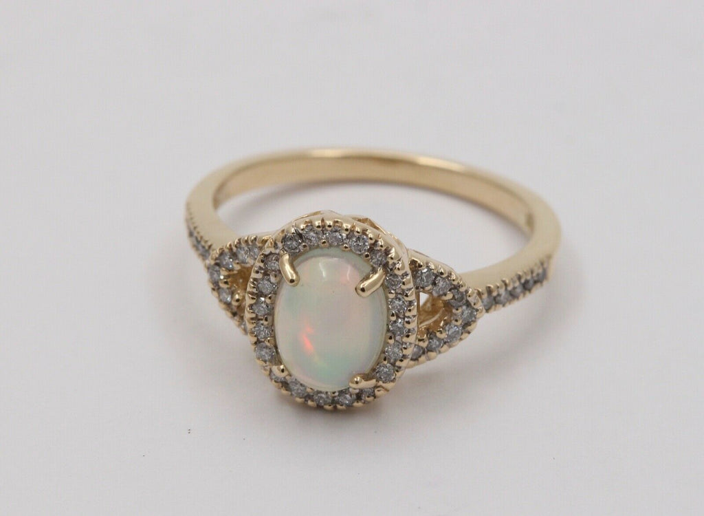 Vintage Australian Opal and Diamond Halo 14K Yellow Gold Ring, Engagement Ring