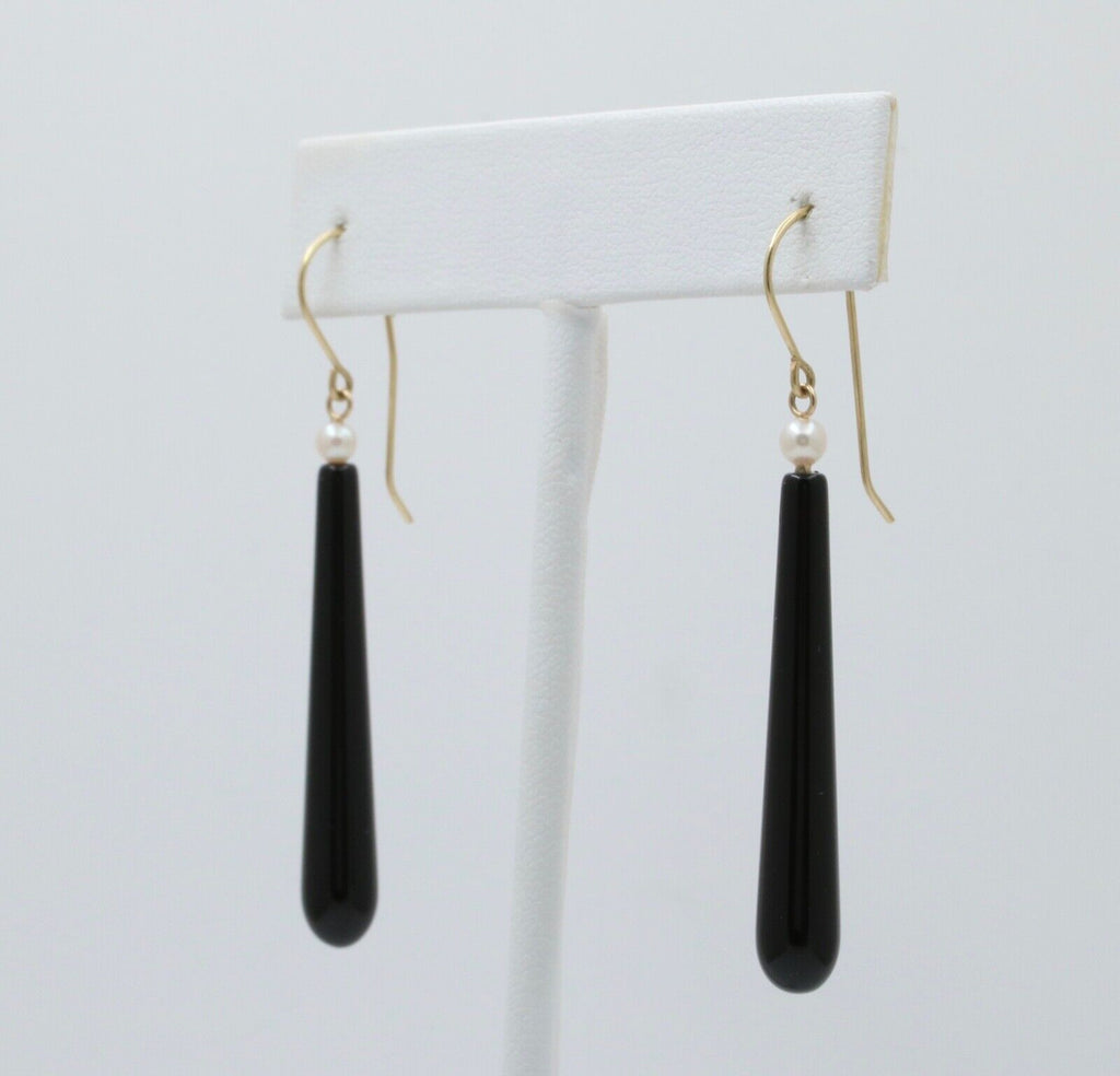 Vintage 14K Gold Onyx & Pearl Monochrome Dangling Earrings.