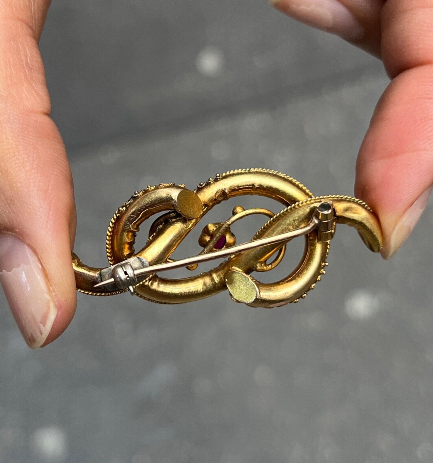 Victorian 12K Yellow Gold Ruby And Split Pearl Infinity love Knot Brooch