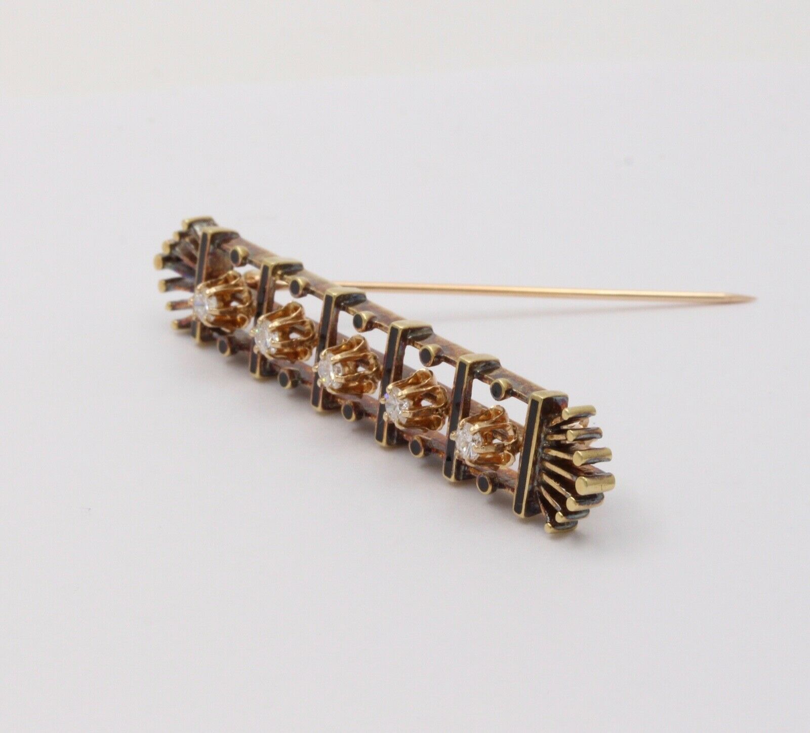 Vintage Art Deco Style 14K Yellow Gold Diamond Black Enamel Bar Pin, Brooch.