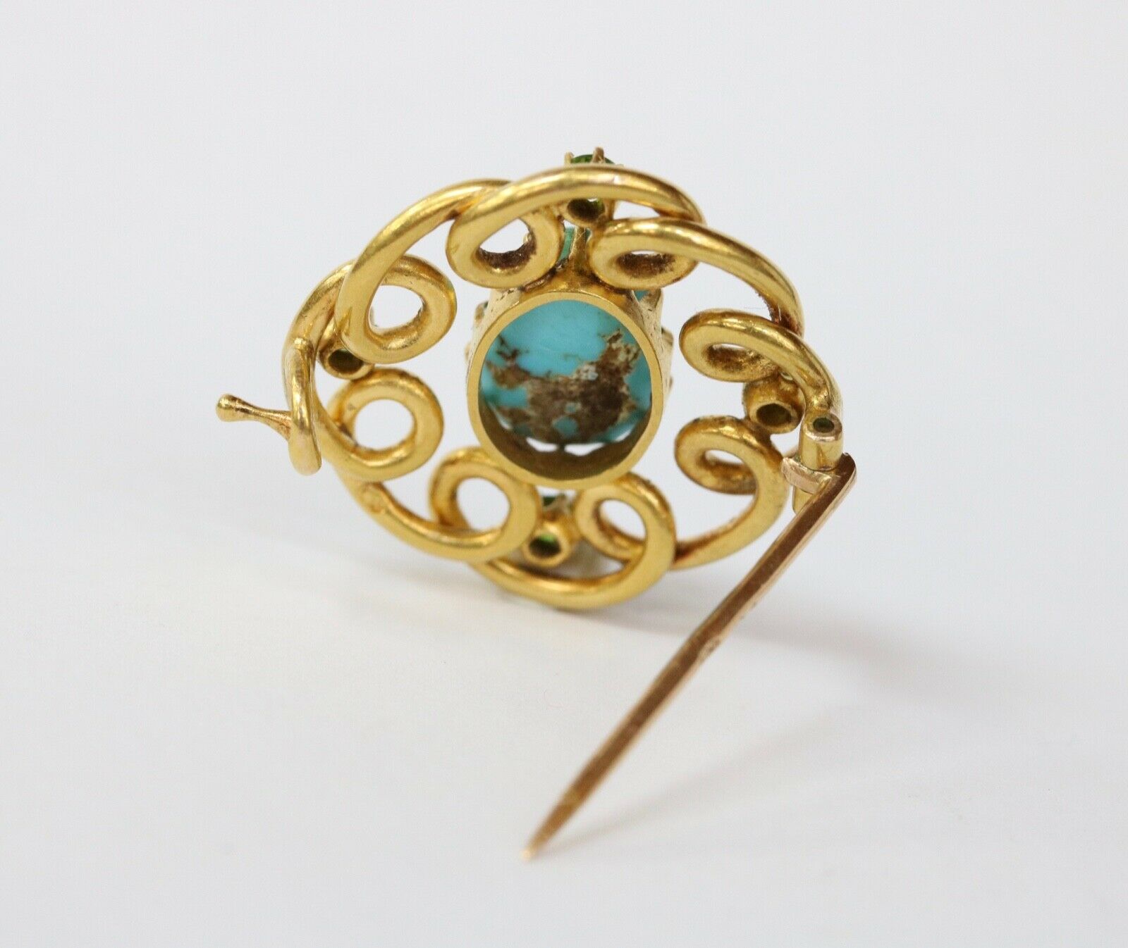 Victorian Russian Turquoise Demantoid Garnet 18K Yellow Gold Brooch Pin