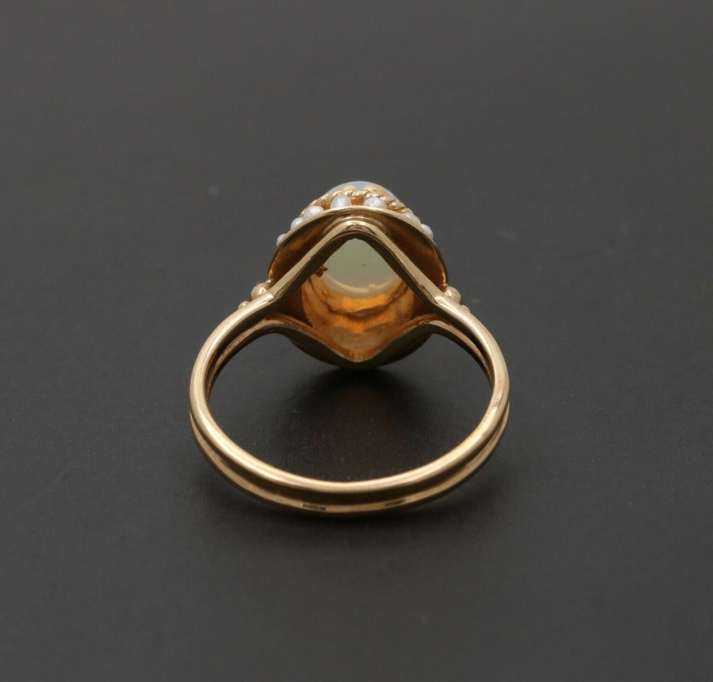 Vintage 14K Yellow Gold Opal Pearl Halo Ring, Statement Ring.