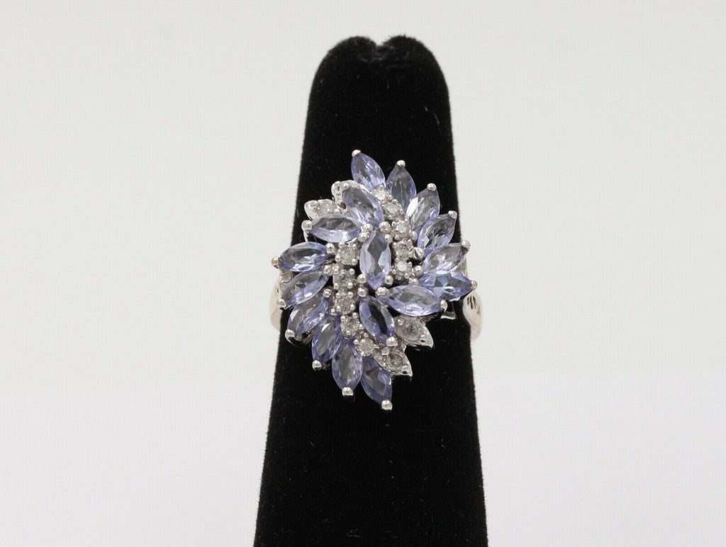 Vintage Tanzanite Diamonds 14K White Gold Pinwheel Cluster Ring