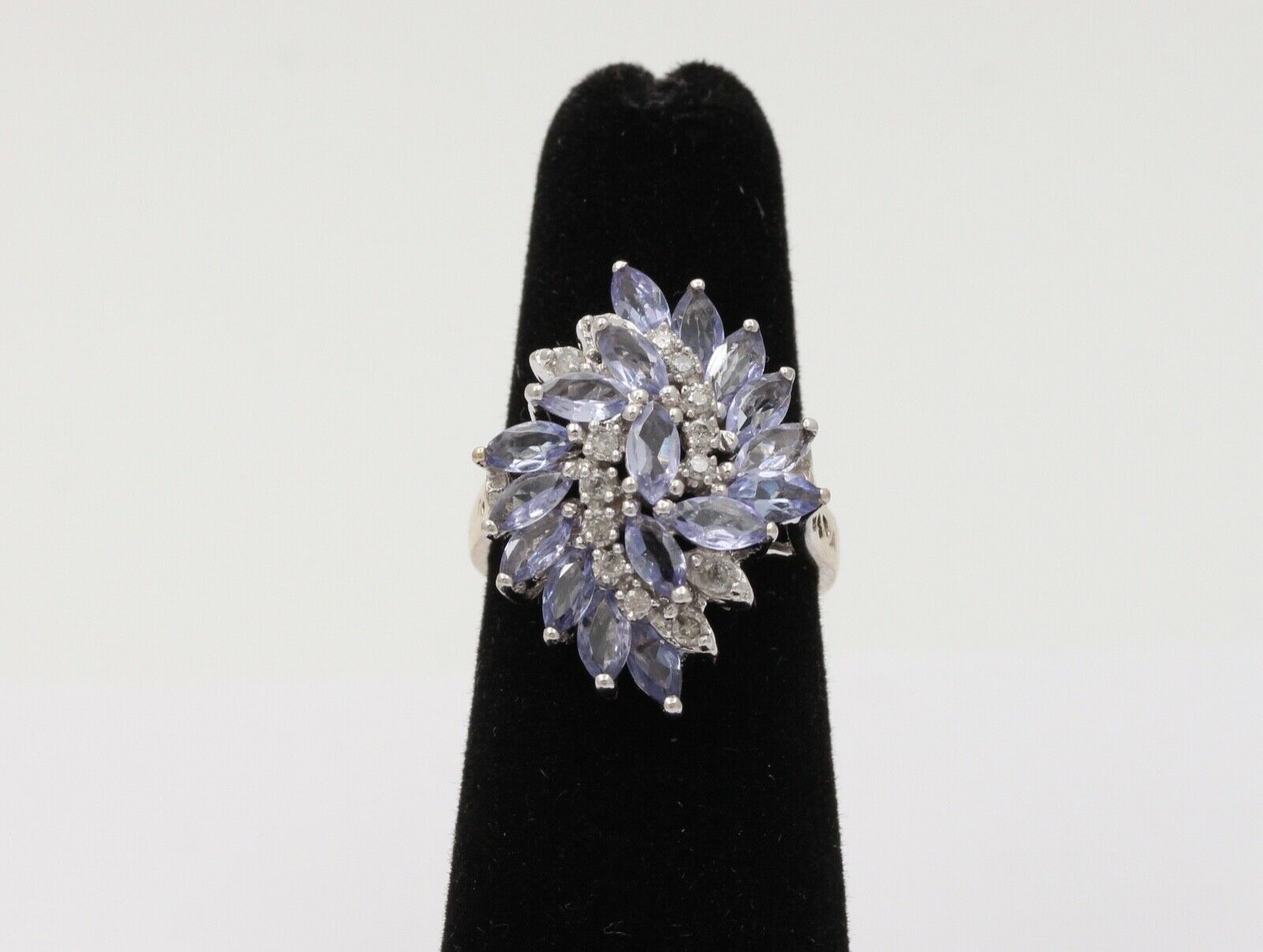 Vintage Tanzanite Diamonds 14K White Gold Pinwheel Cluster Ring