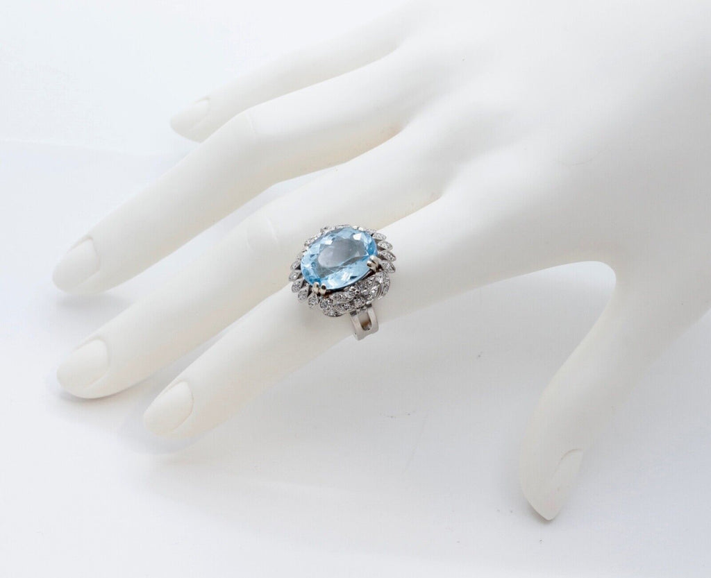 Vintage Blue Topaz Diamonds 14K White Yellow Gold Cocktail Ring