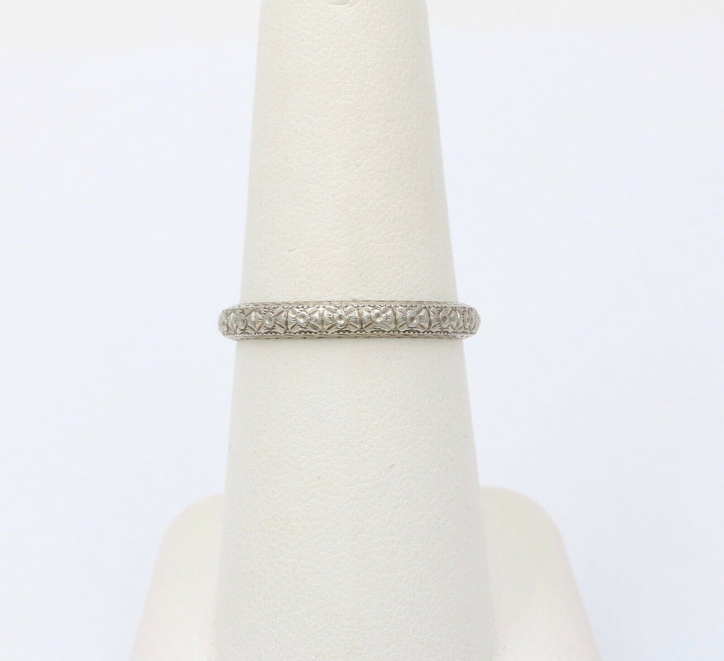 Art Deco Flower Blossom 18K White Gold Wedding Band Ring