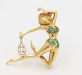 Italian Tennis Player Emeralds Pearl 18K Yellow Gold Brooch