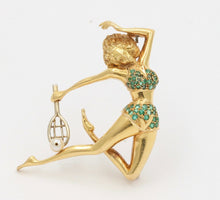 Load image into Gallery viewer, Italian Female Action Tennis Player Emeralds Pearl 18K Yellow Gold Brooch
