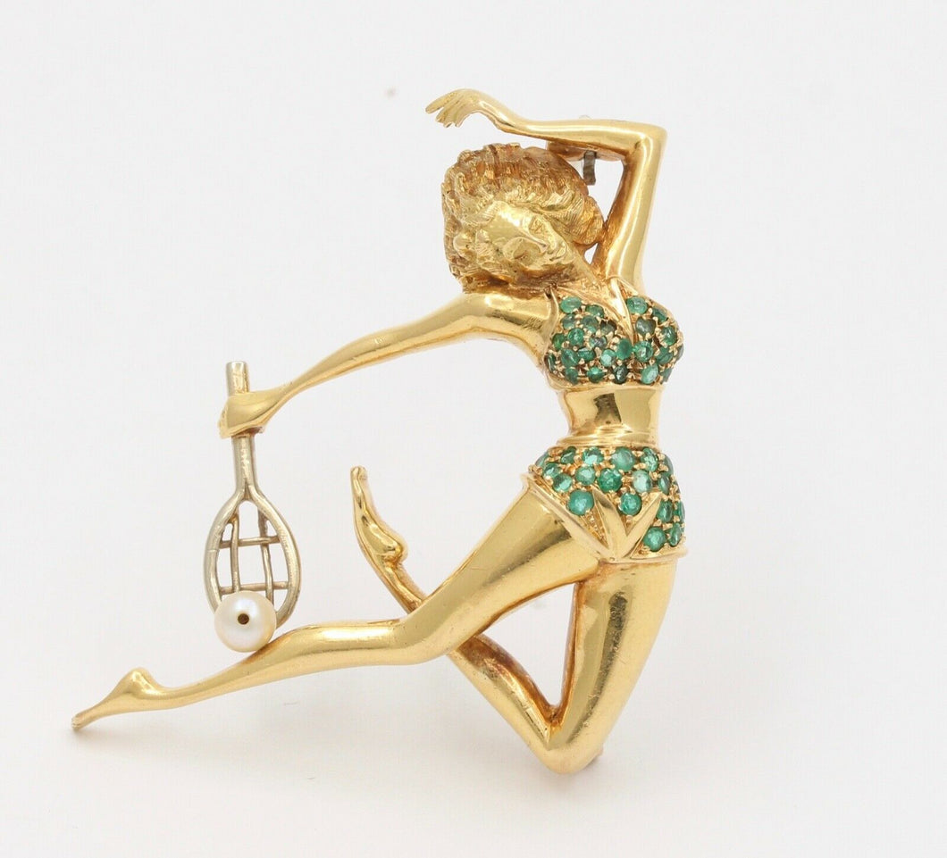 Italian Female Action Tennis Player Emeralds Pearl 18K Yellow Gold Brooch