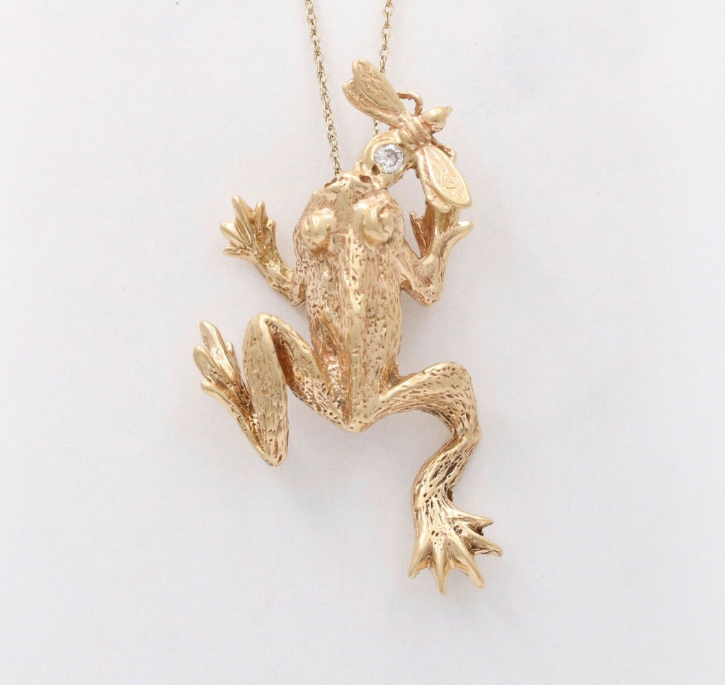 Vintage Frog Eating a Bee Diamond 14K Yellow Gold Pendant