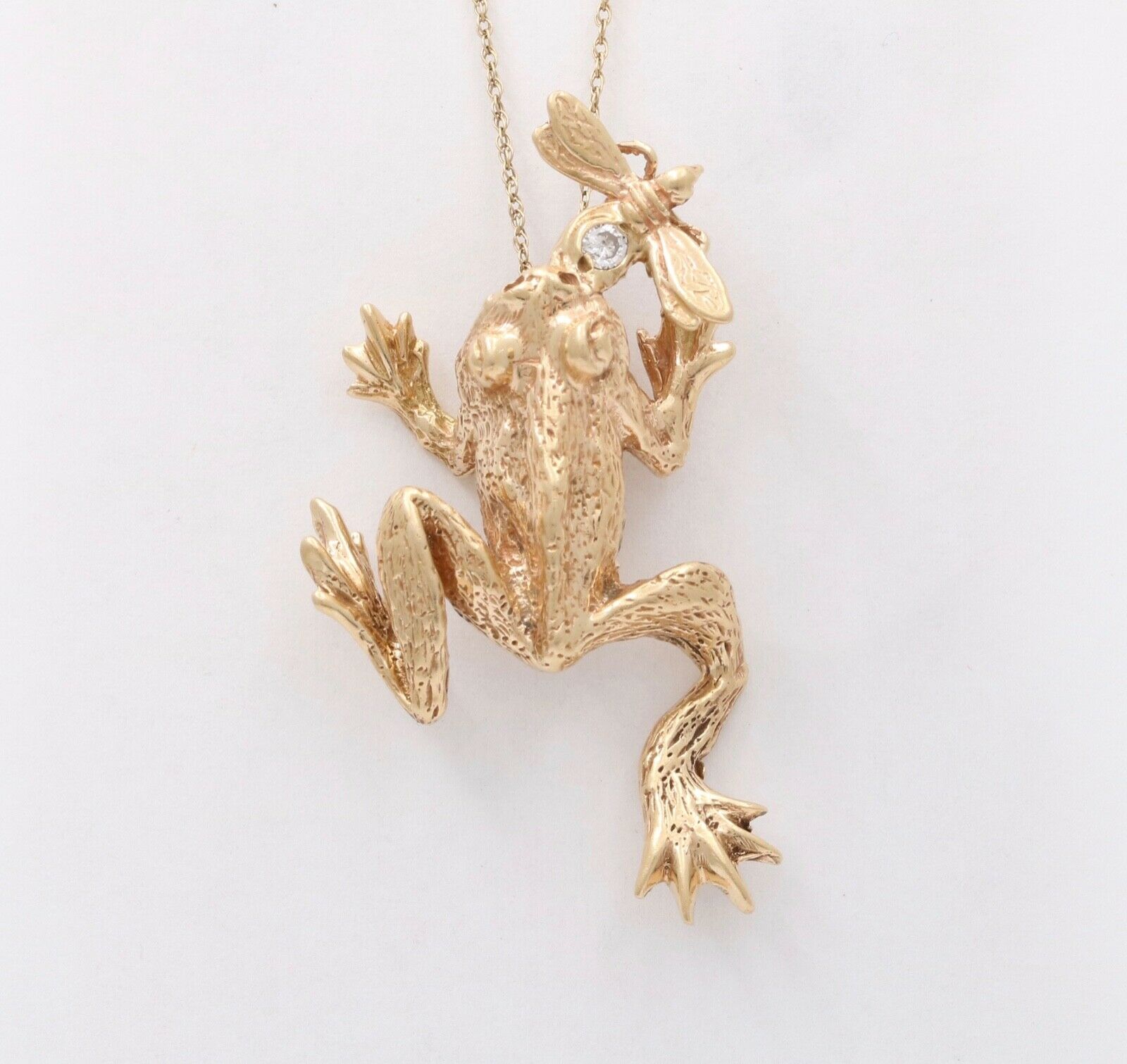 Vintage Frog Eating a Bee Diamond 14K Yellow Gold Pendant