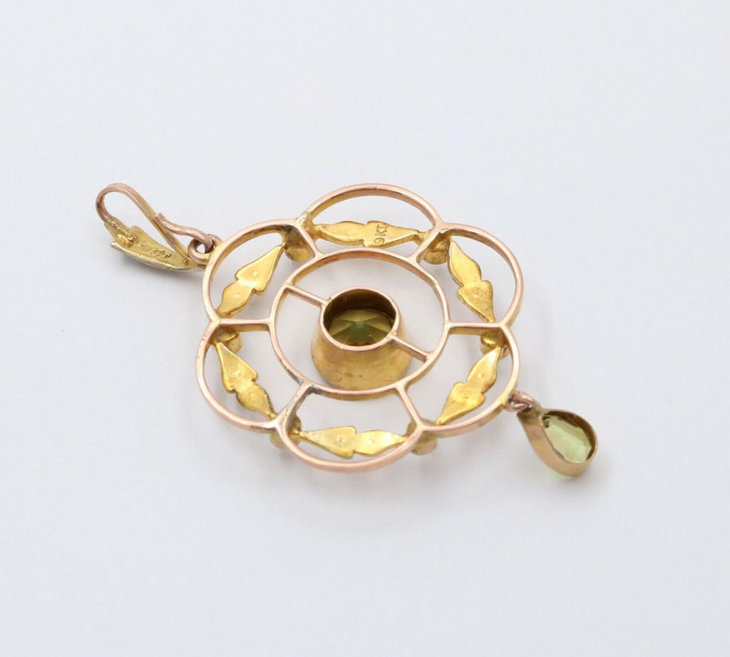 Art Nouveau Peridot Seed Pearls 9 Carat Pendant
