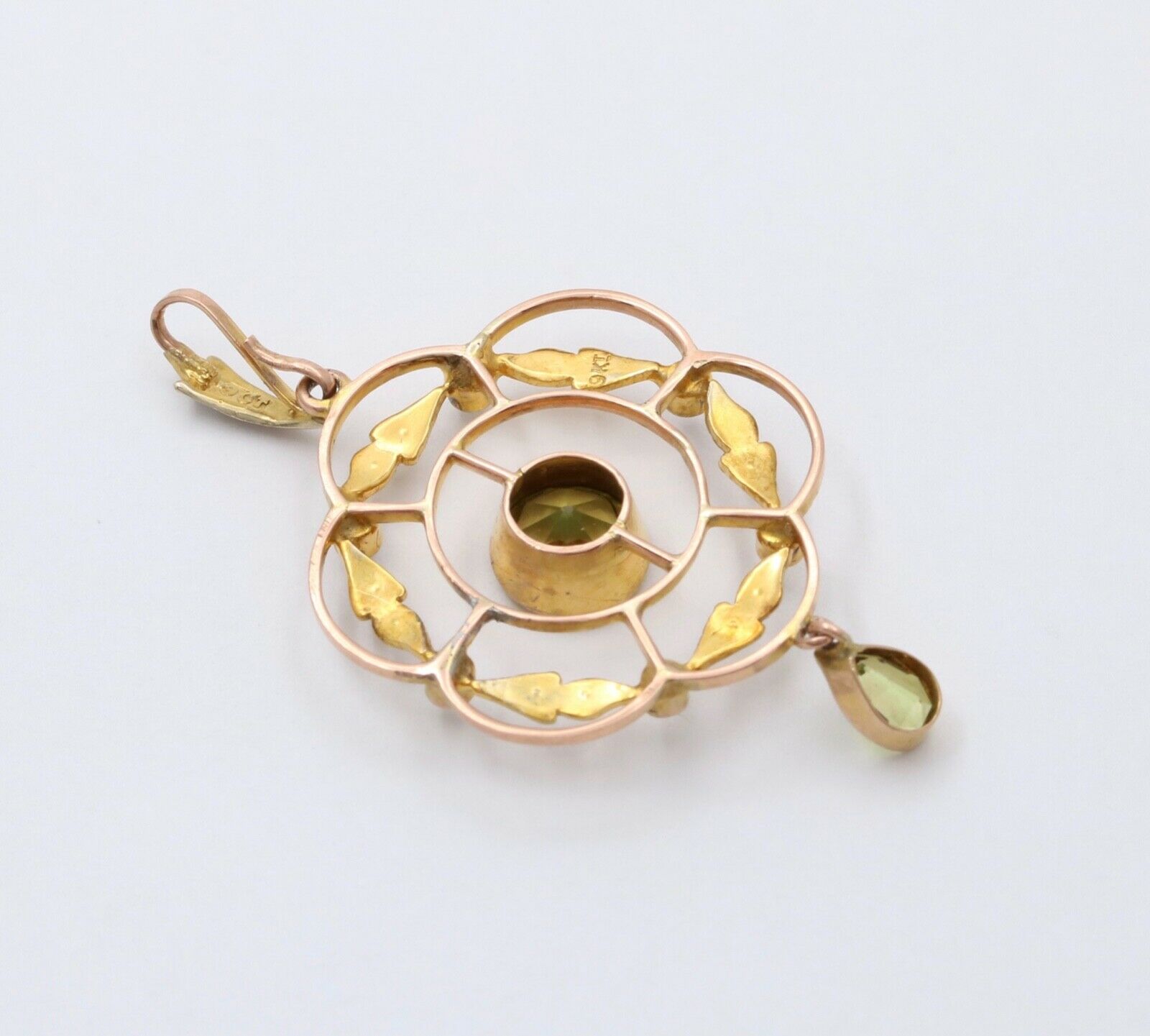 Art Nouveau Peridot Seed Pearls 9 Carat Pendant