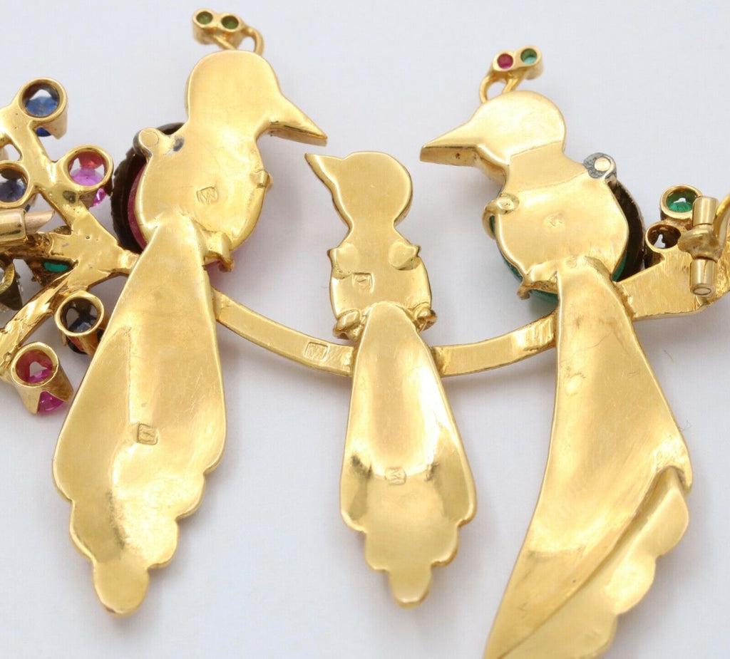 Birds of Paradise Emeralds Rubies Diamonds 18K YG Brooch