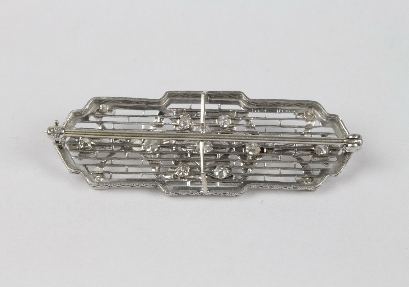 Art Deco 14K White Gold Diamond Filigree Brooch