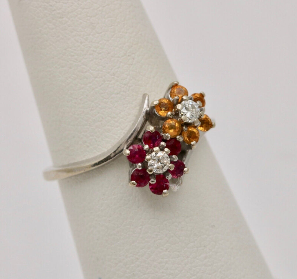 Vintage Flower Multi Stone 14K White Gold Ring