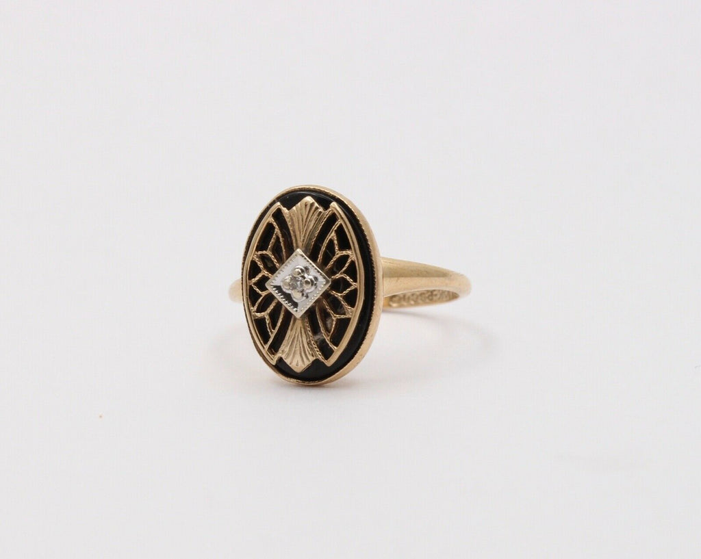 Art Deco PSCO Diamond Onyx 10K Yellow white Gold Ring