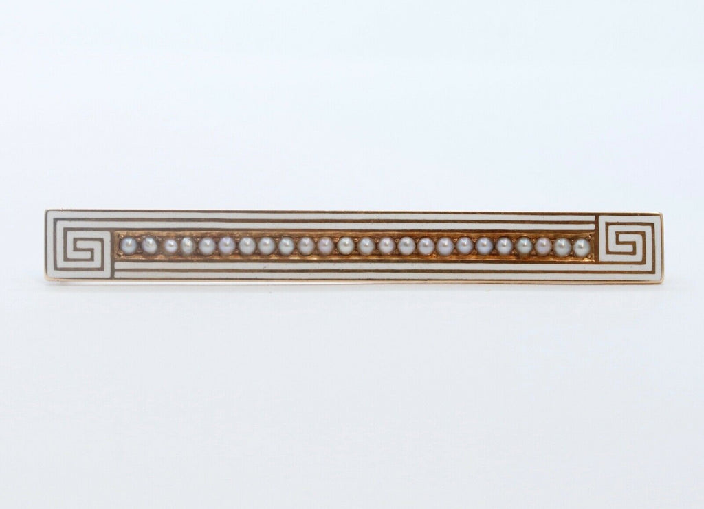Art Deco Seed Pearls White Enamel 14K Yellow Gold Bar Brooch Pin