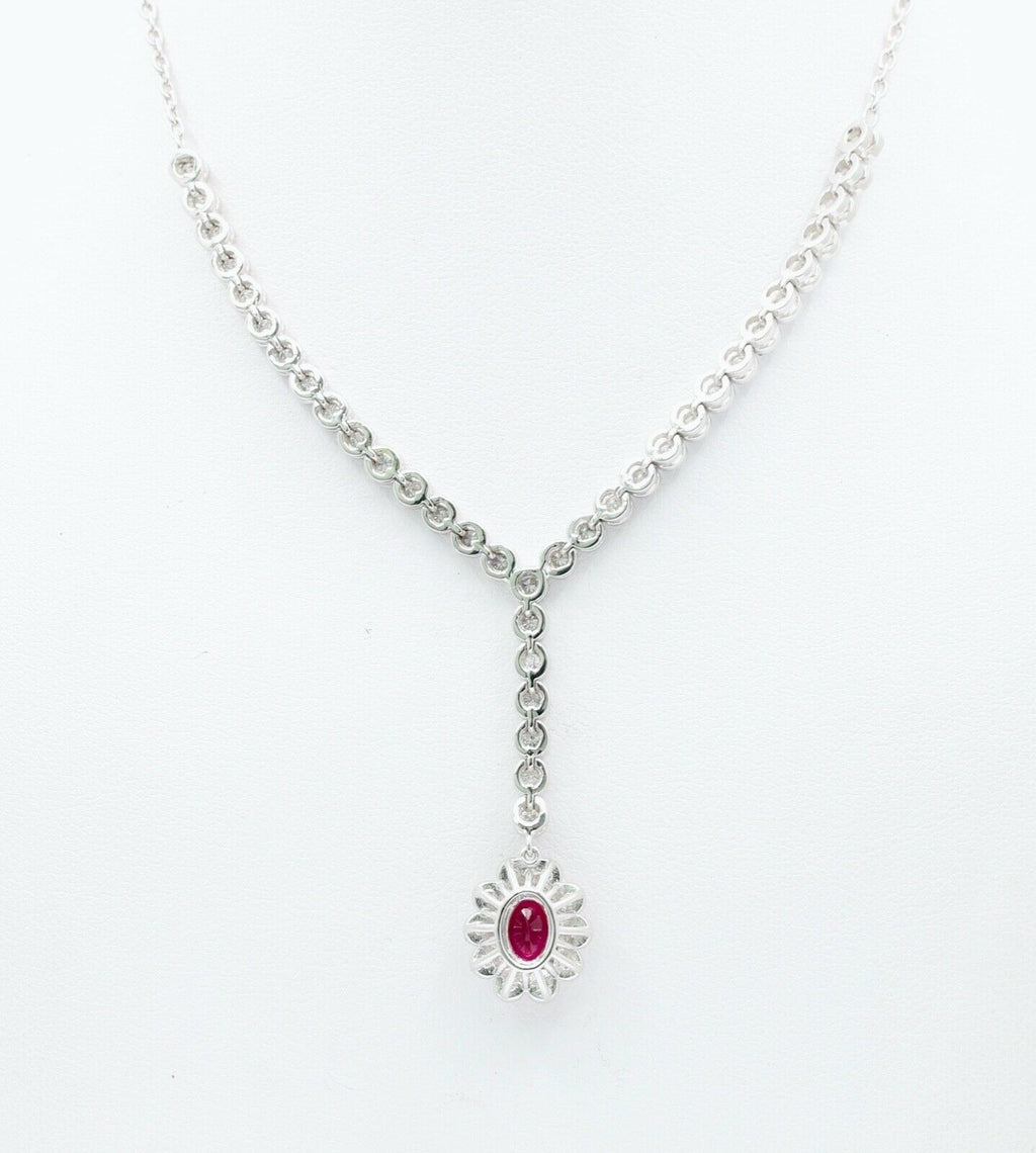Vintage Ladies Oval Ruby Diamonds 18K White Gold Necklace