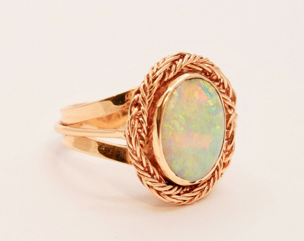 Vintage Natural Opal 14K Yellow Gold Rope Twist Ring