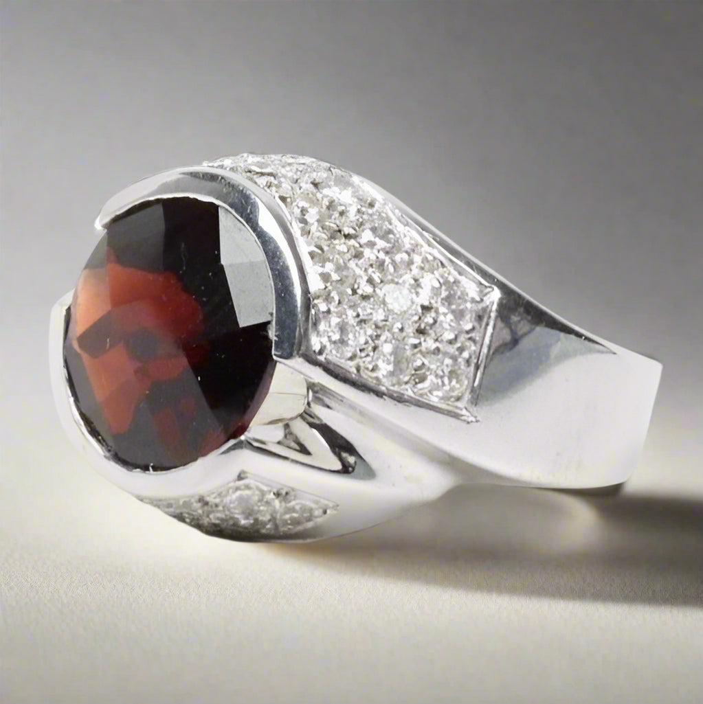 Vintage 18K White Gold Garnet and Diamond Statement Ring