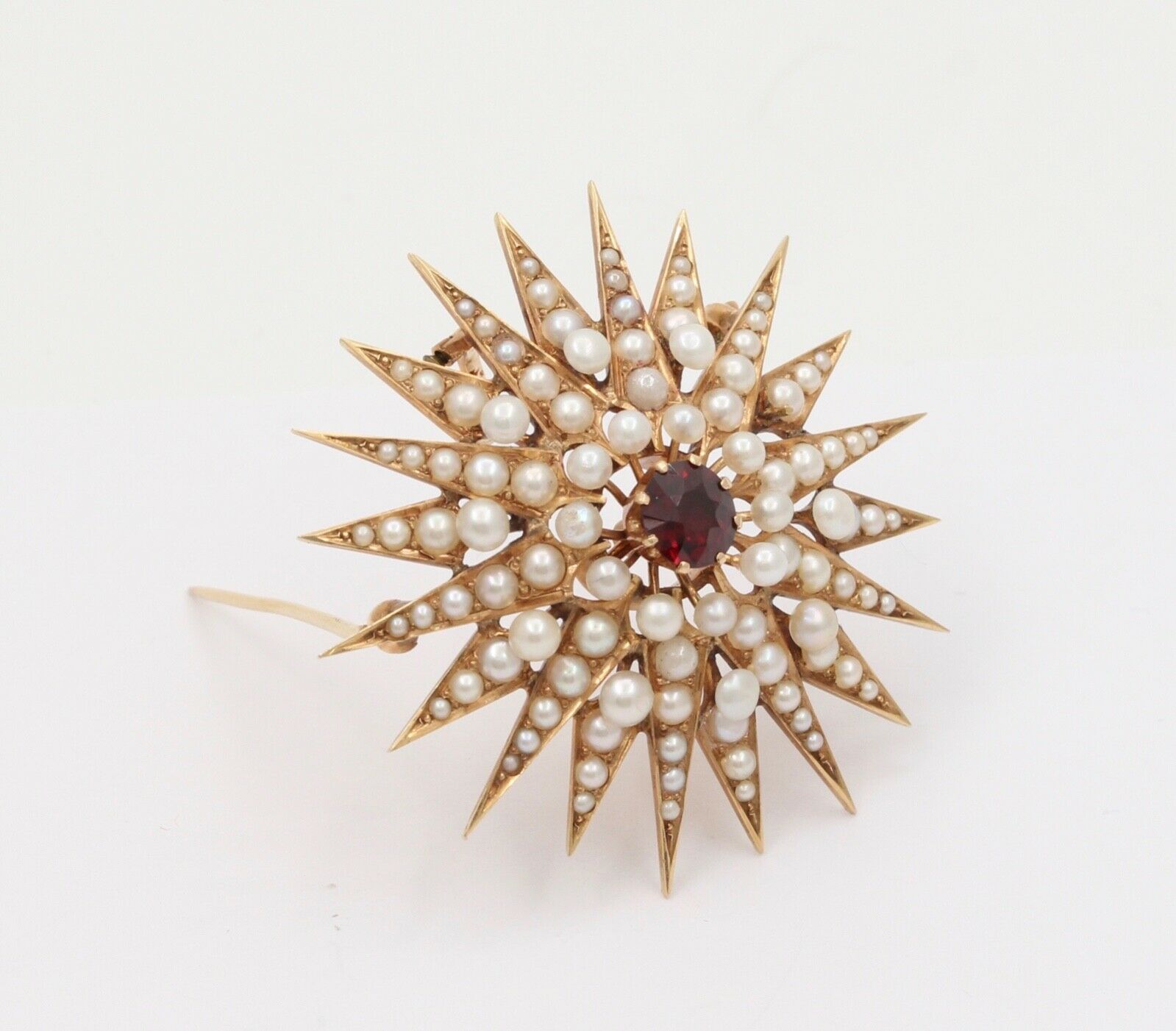 Victorian Starburst 14K Yellow Gold Garnet Seed Pearls Pendant Brooch Pin