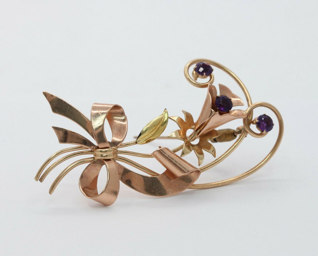Retro 10K Rose & Yellow Gold Floral Amethyst Brooch