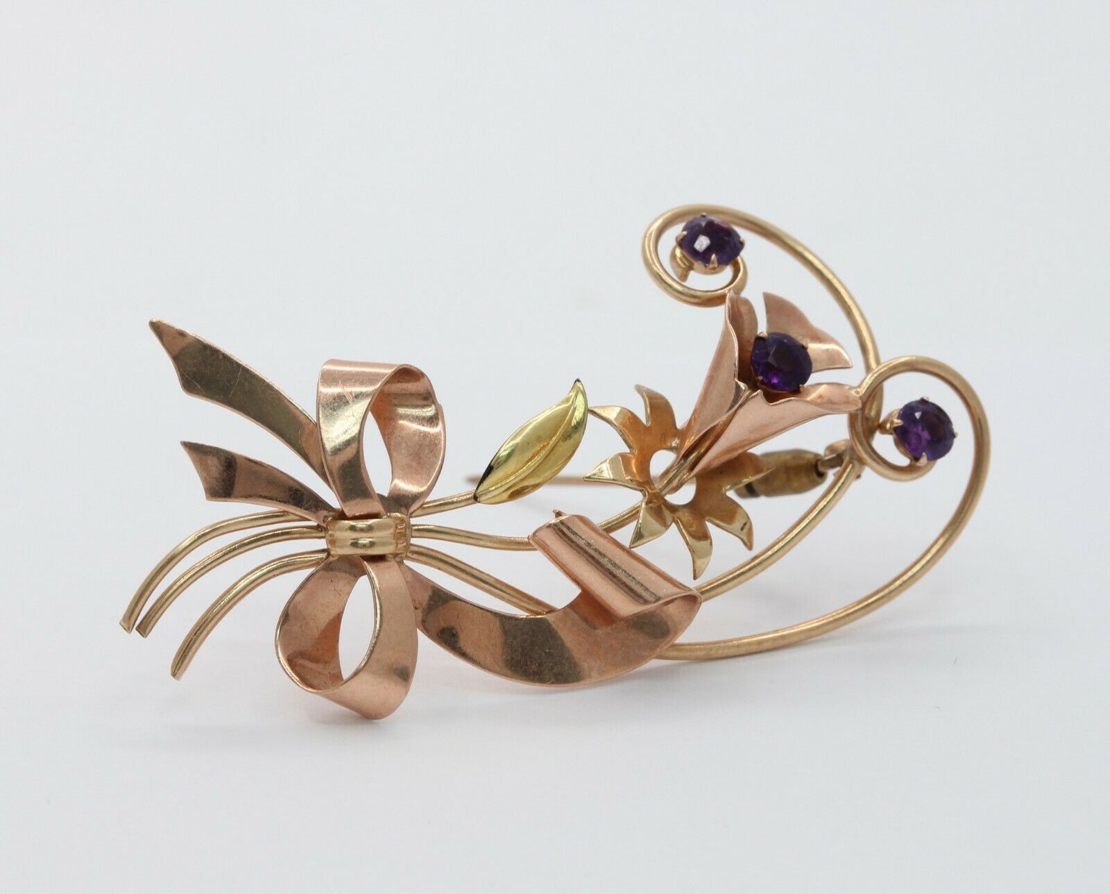 Retro 10K Rose & Yellow Gold Floral Amethyst Brooch