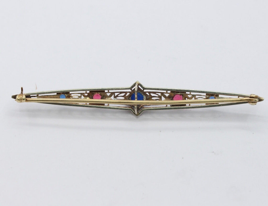 Art Deco 14K Sapphires Rubies Bar Brooch Pin