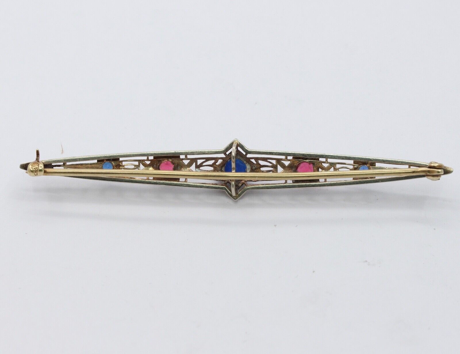 Art Deco 14K Sapphires Rubies Bar Brooch Pin