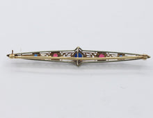 Load image into Gallery viewer, Art Deco 14K Sapphires Rubies Bar Brooch Pin
