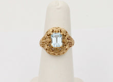 Load image into Gallery viewer, Vintage 10K Yellow Gold Filigree Blue Topaz Ring, Estate, Cocktail Ring
