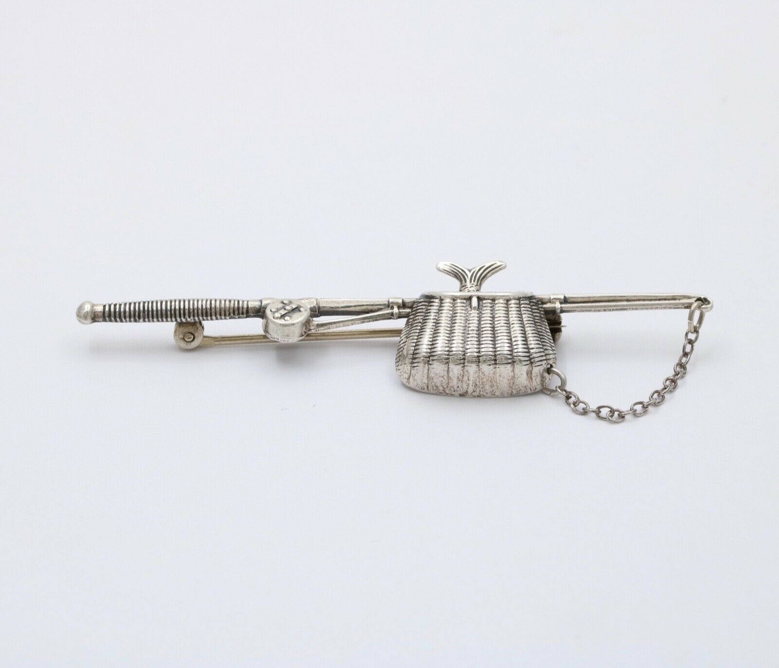 Beau Sterling Silver Fishing Rod and Creel Basket Brooch