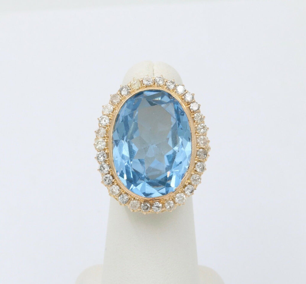 Vintage 24 Carat Blue Topaz Diamonds 14K Yellow Gold Ring