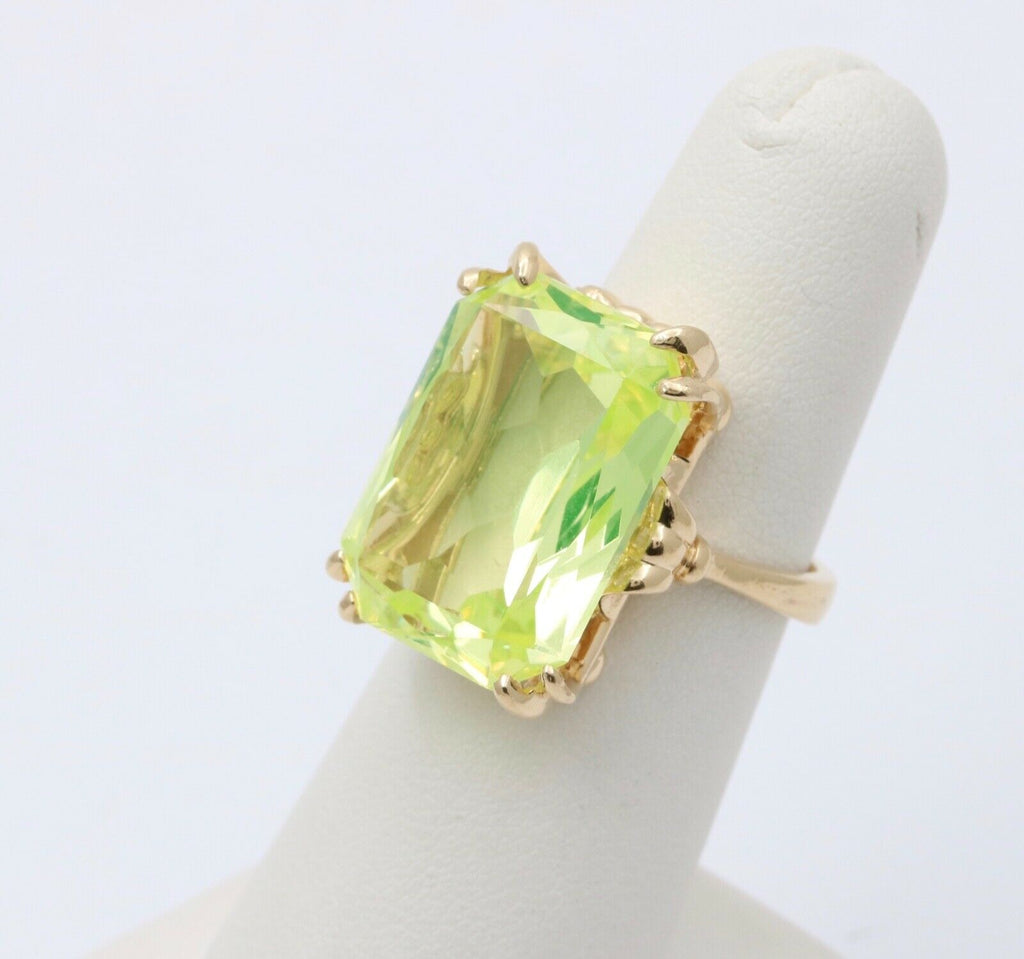 Vintage 14K Yellow Gold Uranium Glass Gem Rhinestones Ring, Vaseline Glass Ring