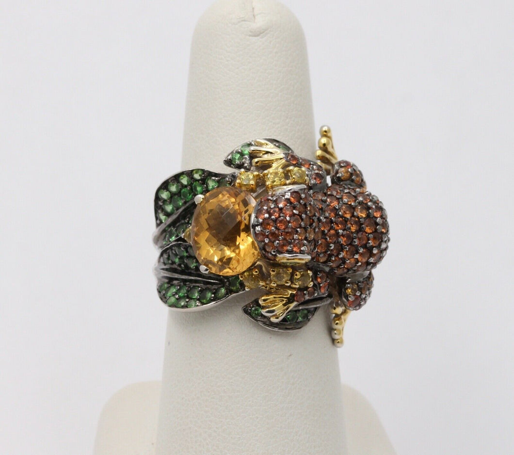 Vintage Frog Sapphires Citrine Tsavorite Diamonds14K White Yellow Gold Ring