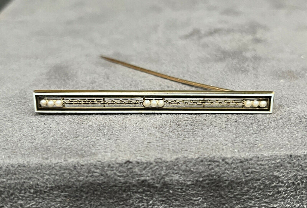 Antique Art Deco 14K Yellow Gold White & Black Enamel Seed Pearl Bar Pin Brooch