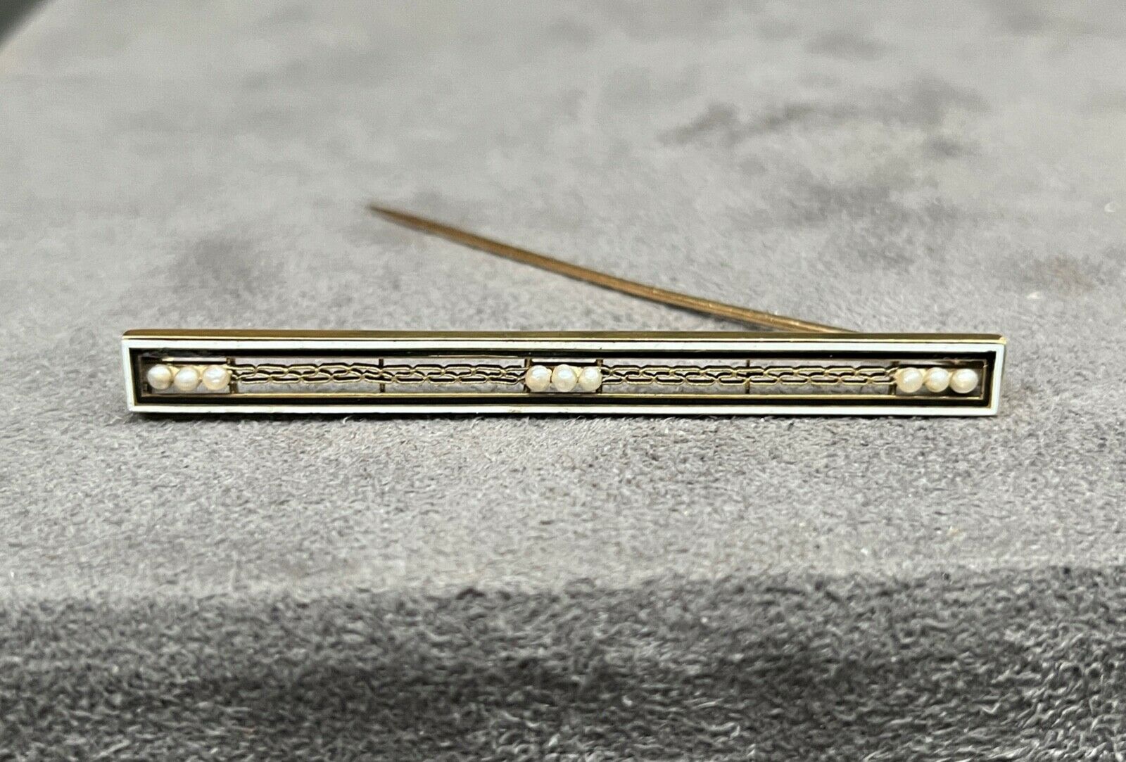 Antique Art Deco 14K Yellow Gold White & Black Enamel Seed Pearl Bar Pin Brooch