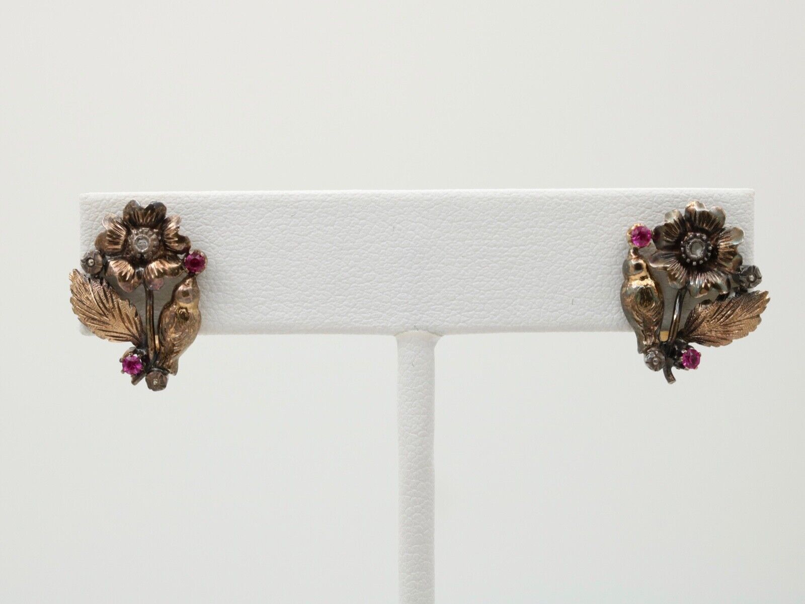 14k Yellow Gold Antique Style Rose Cut Diamond and Synthetic Ruby Huggie Earrings