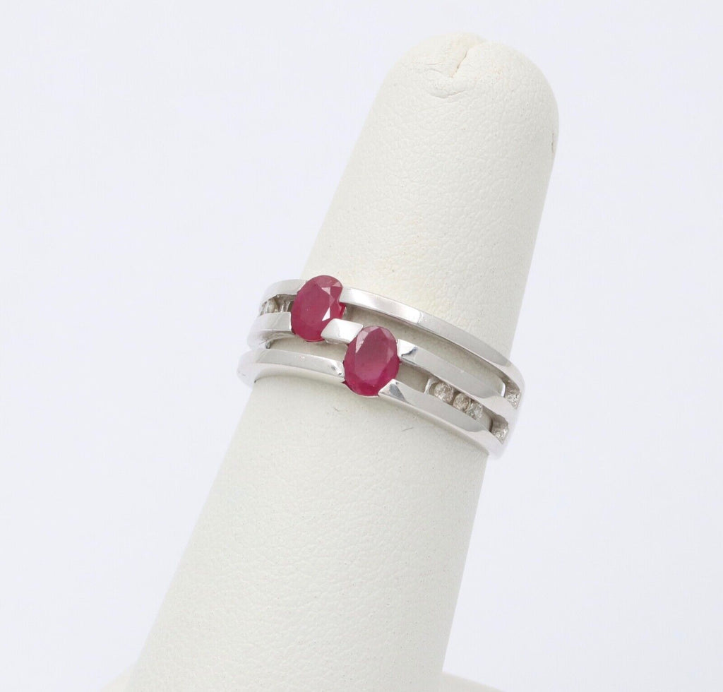 Vintage 14K White Gold Ruby & Diamond Ring Band, Stacking Ring.