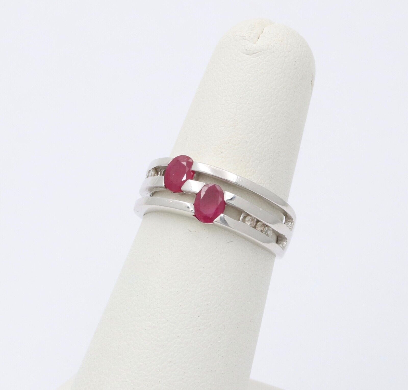 Vintage 14K White Gold Ruby & Diamond Ring Band, Stacking Ring.