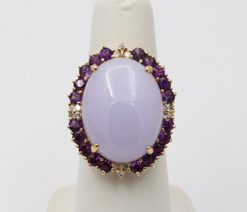 Vintage Cocktail Lavender Amethyst Diamonds 14K Yellow Gold Ring