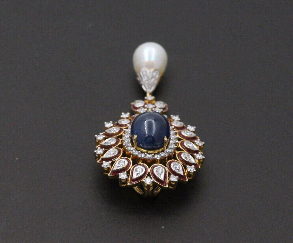 Gorgeous 18K Yellow Gold Cabochon Sapphire, Pearl And Diamond Pendant