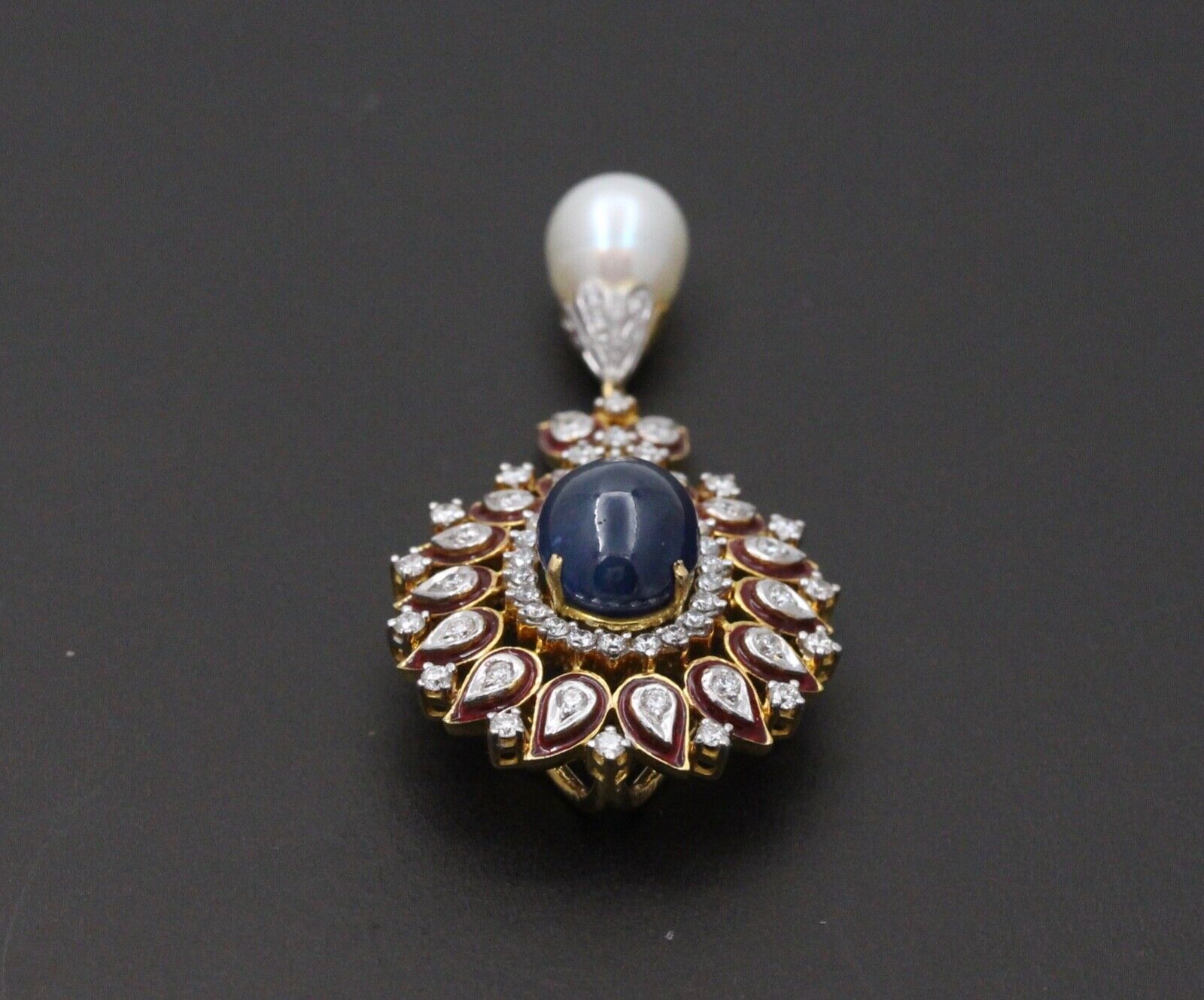 Gorgeous 18K Yellow Gold Cabochon Sapphire, Pearl And Diamond Pendant