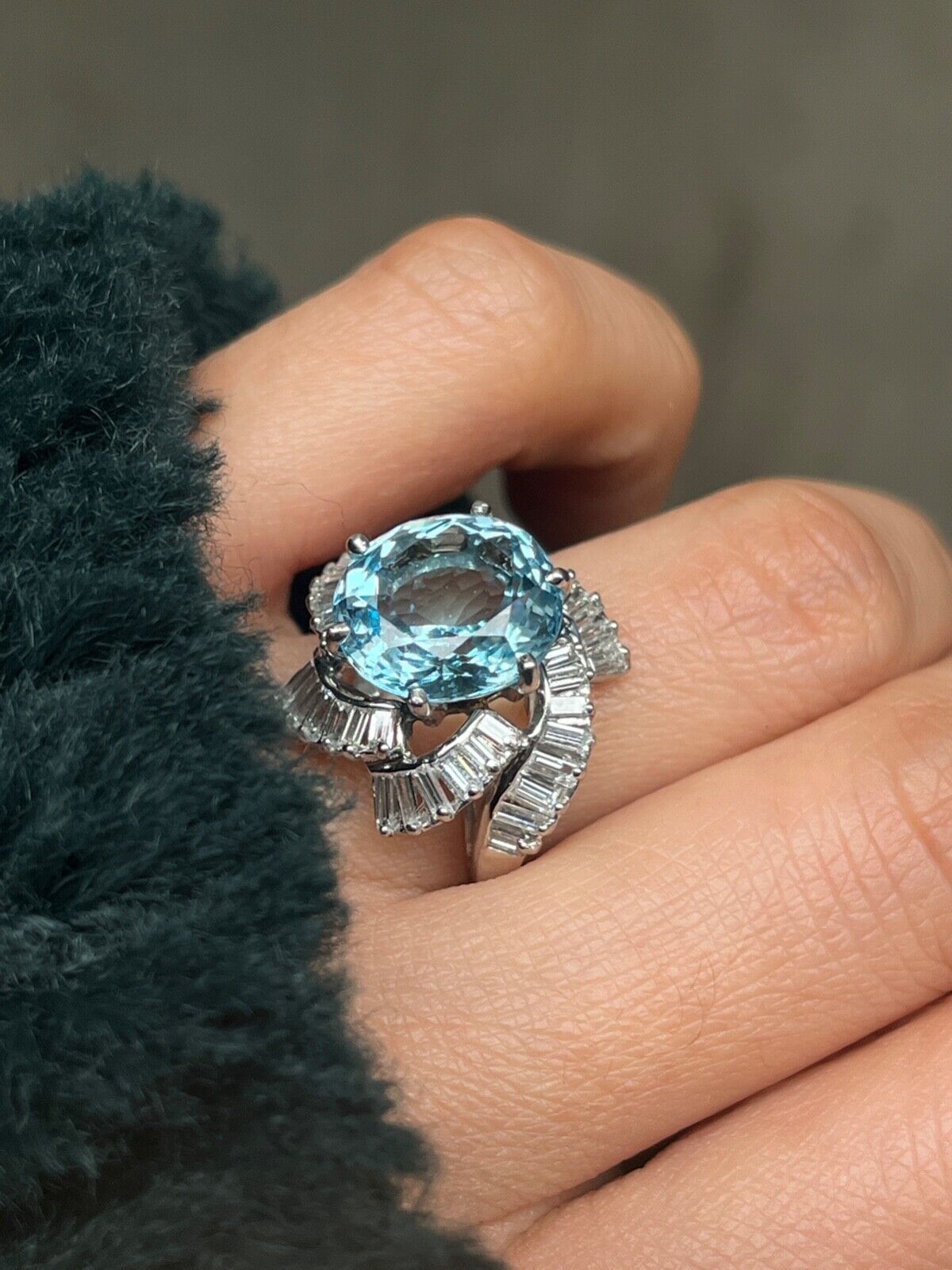 Vintage Platinum Aquamarine and Twirling Diamond Halo Ring, Statement Ring.