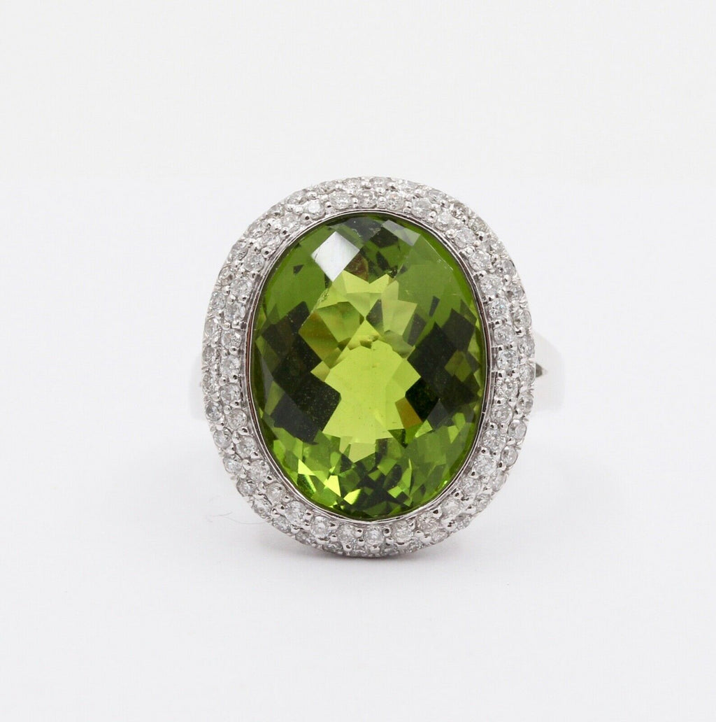 Vintage Peridot Diamonds 14K White Gold Cocktail Ring