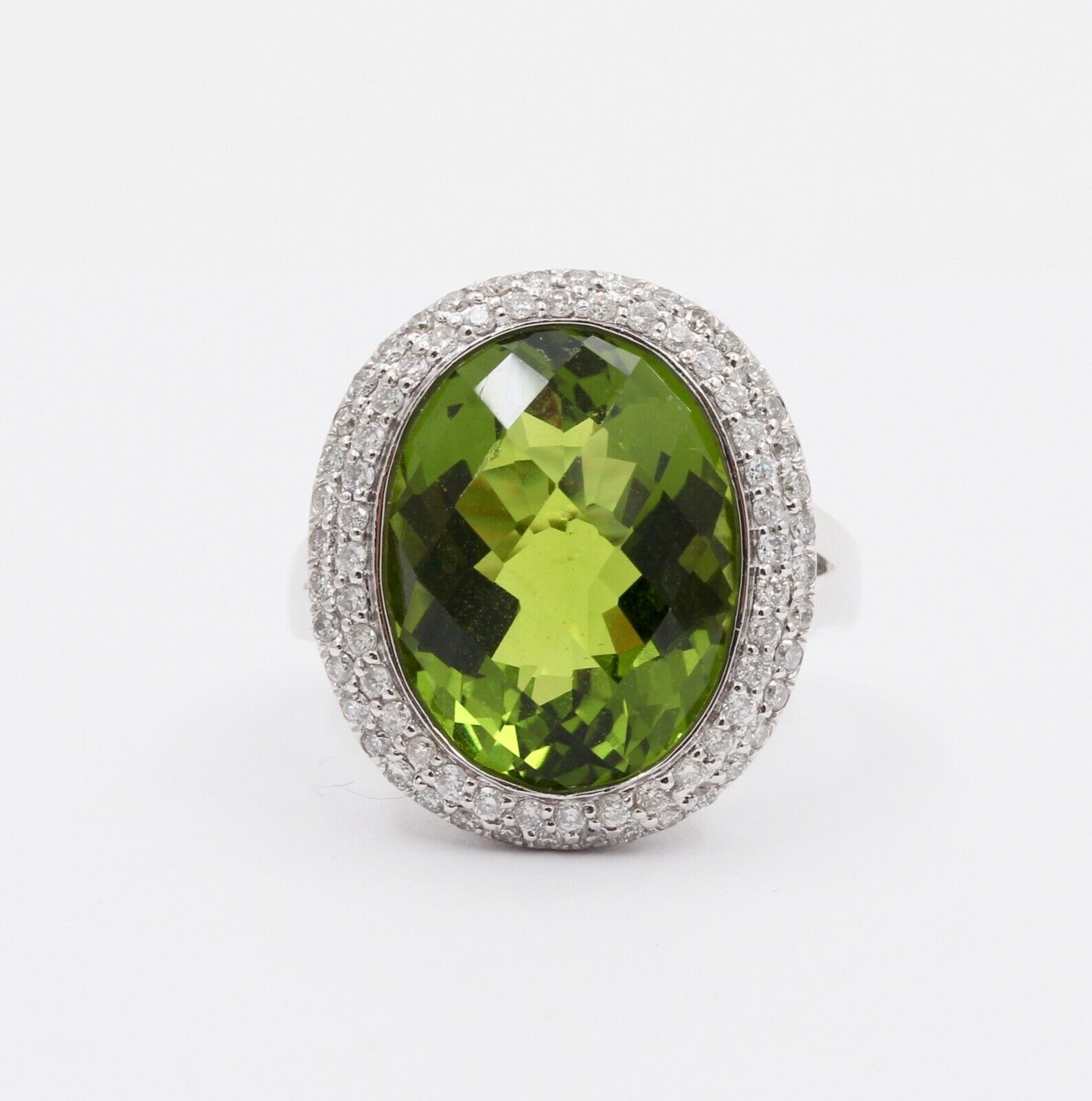 Vintage Peridot Diamonds 14K White Gold Cocktail Ring